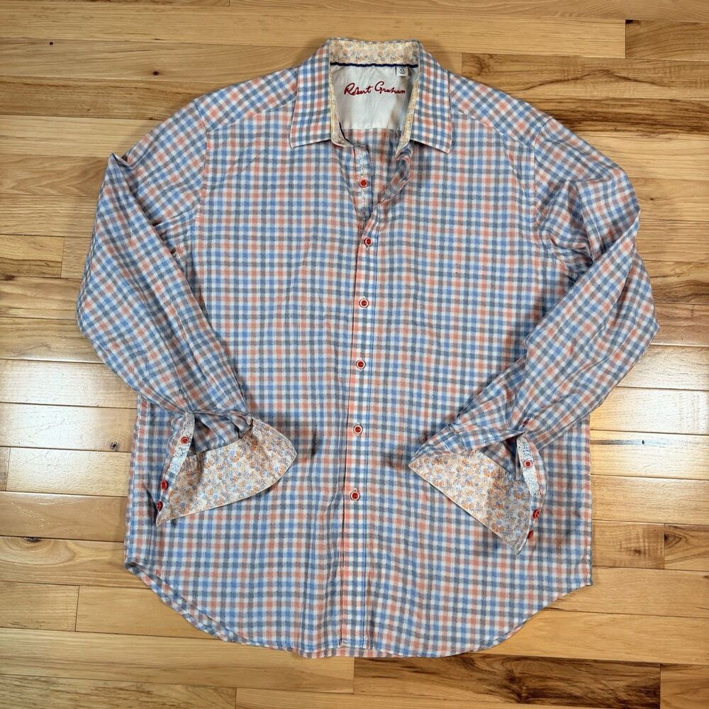 Robert Graham Mens Long Sleeve Shirt XL Button-Up Flip Cuff Blue/Orange Plaid